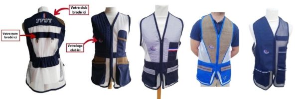5 modèles de gilet ball trap brodé par Brod'art gris et bleu marine.